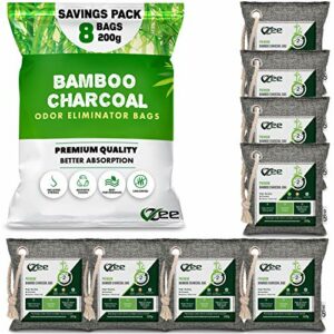 VZee Charcoal Bags Odor Absorber, 8 Pack x 200g, 8 Ropes. Activated Bamboo Charcoal Air Purifying Bag Strong Odor Eliminator for Room, Cats, Dogs, Pet Urine and Musty Basement Smell