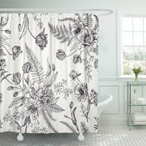 TOMPOP Shower Curtain Floral Pattern Bouquets of Spring Flowers Black and White Waterproof Polyester Fabric 72 x 72 Inches Set with Hooks