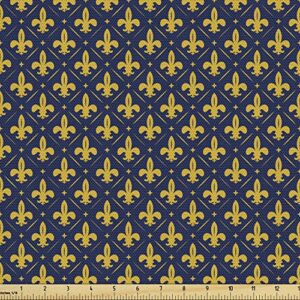 Ambesonne Blue Yellow Vintage Fabric by The Yard, Monochromatic Pattern with Repetitive Fleur de Lis, Decorative Fabric for Upholstery and Home Accents, 1 Yard, Night Blue