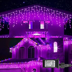 Dazzle Bright 360 LED Christmas Icicle String Lights, Light Up Christmas Decorations 8 Modes Fairy Lights for Outside Garden Patio Holiday Party (Purple)