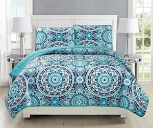Linen Plus King/California King 3pc Quilted Bedspread Set Oversized Coverlet Floral Turquoise Navy Blue Teal Grey White New